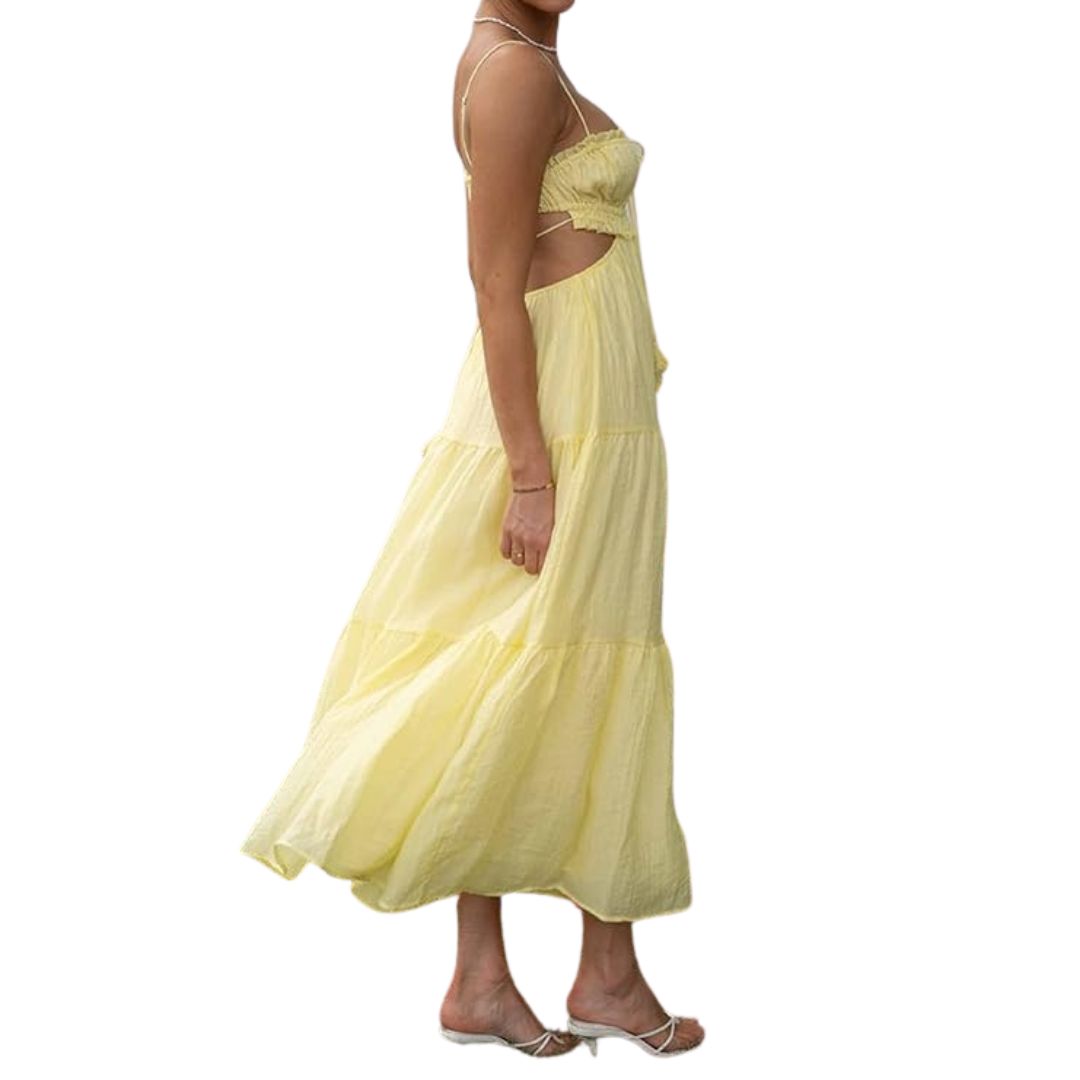 Robe Longue Femme ÉléGante à Volants Jaune Doux - Isadora-4