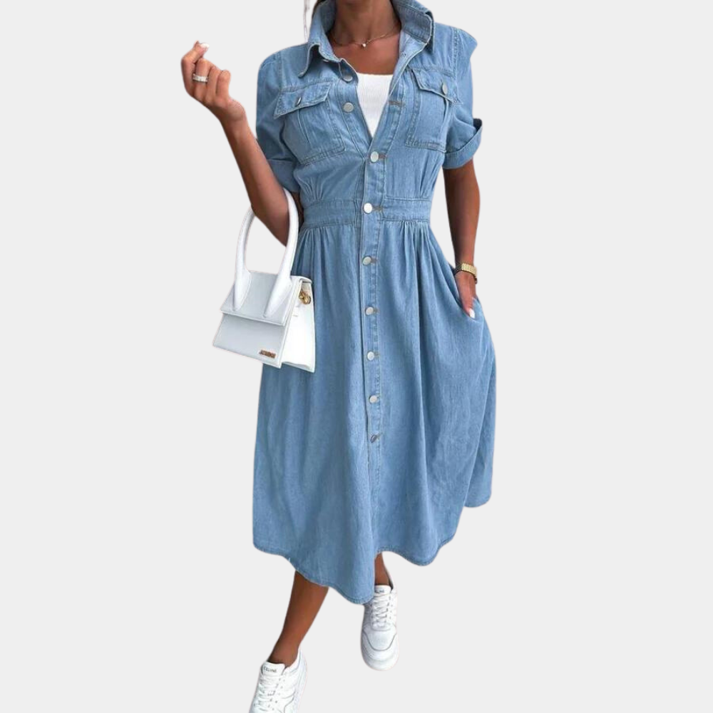Robe Femme en Denim Chic avec Patte de Boutonnage - Benedita-3