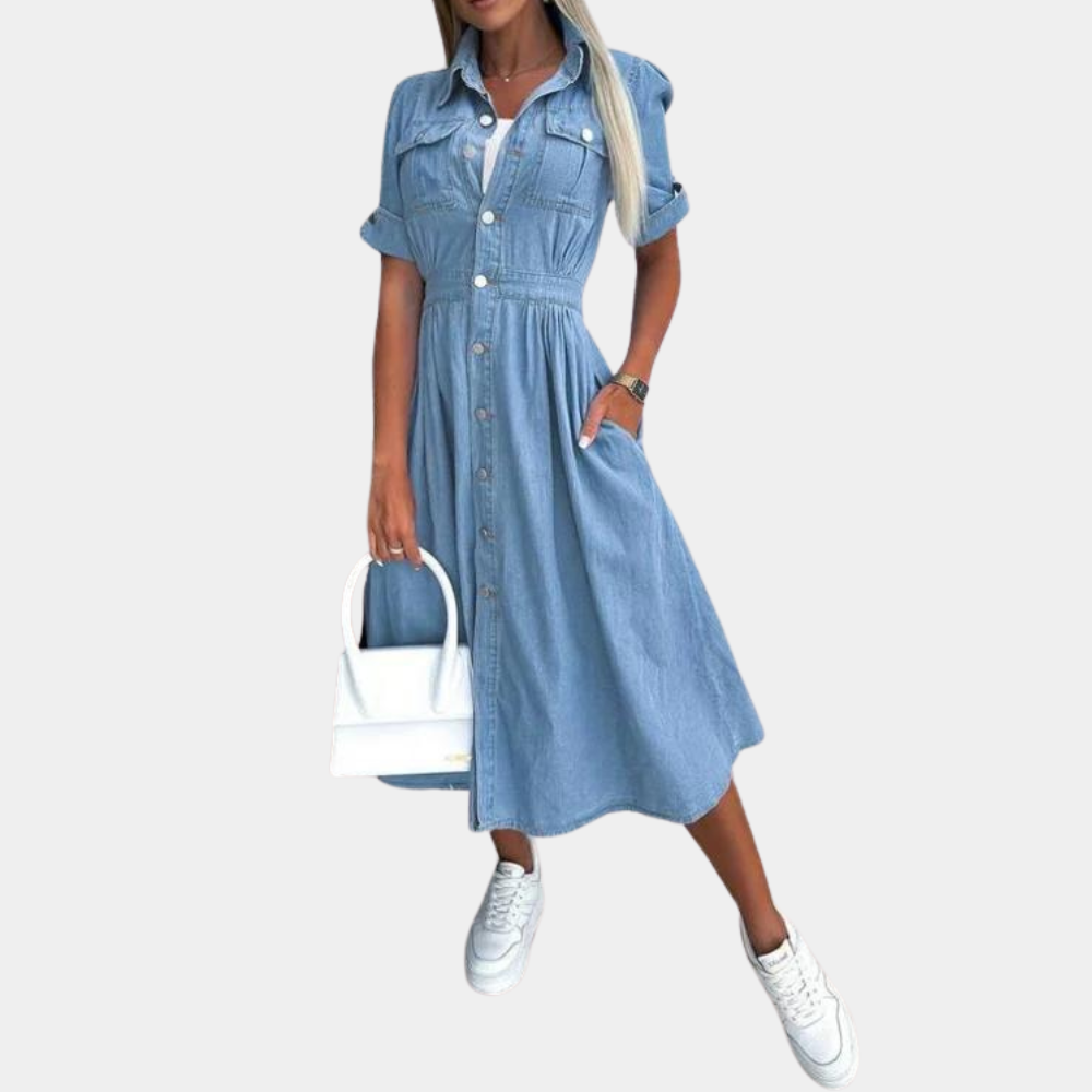 Robe Femme en Denim Chic avec Patte de Boutonnage - Benedita-4