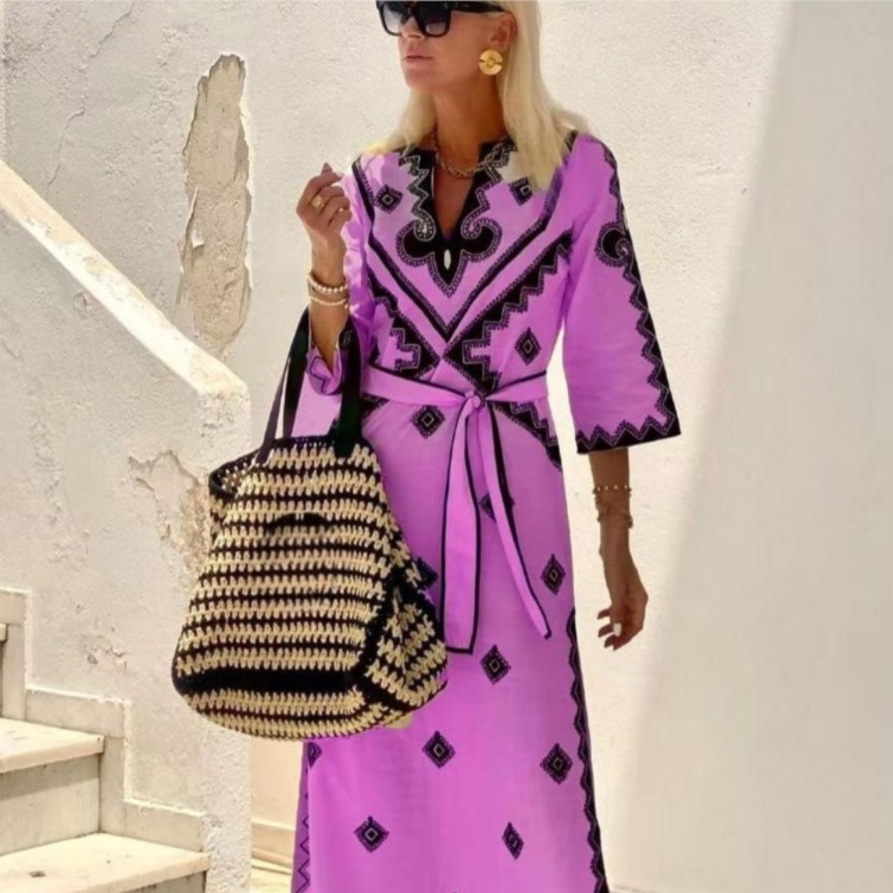 Variant image for Robe Midi Femme ÉléGante à Ceinture Col en V - Jessica-16
