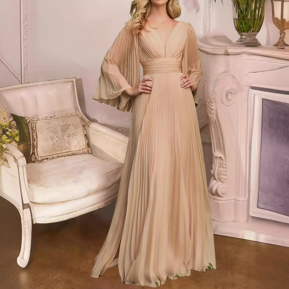 Robe Longue Femme Élégante Plissée Col en V - Modèle Été-2