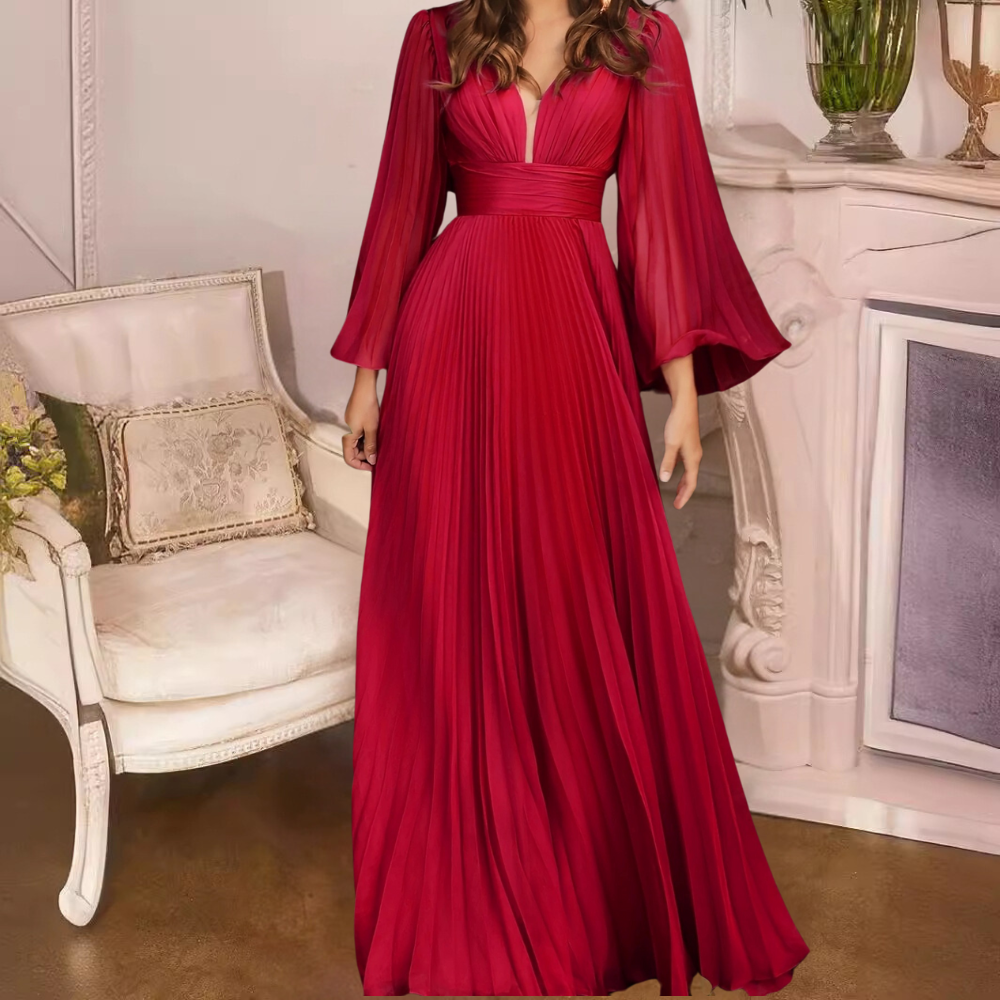 Variant image for Robe Longue Femme Élégante Plissée Col en V - Modèle Été-6