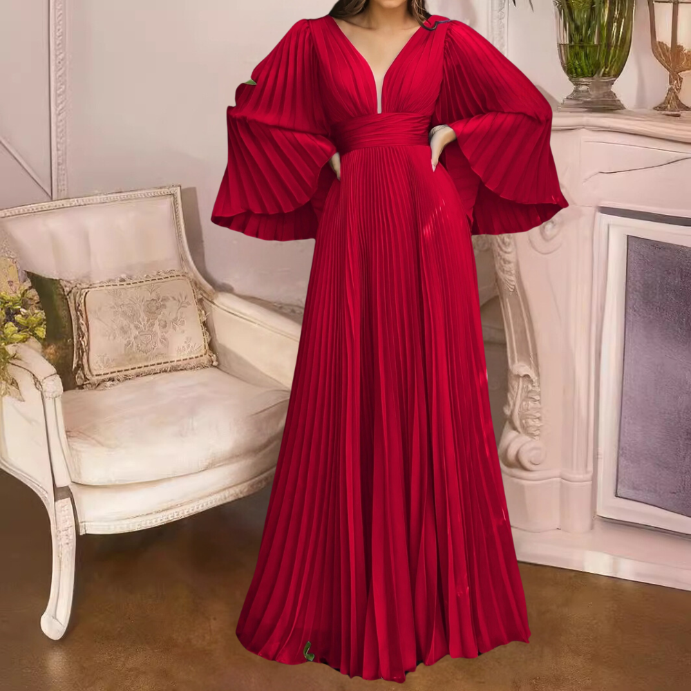 Robe Longue Femme Élégante Plissée Col en V - Modèle Été-6