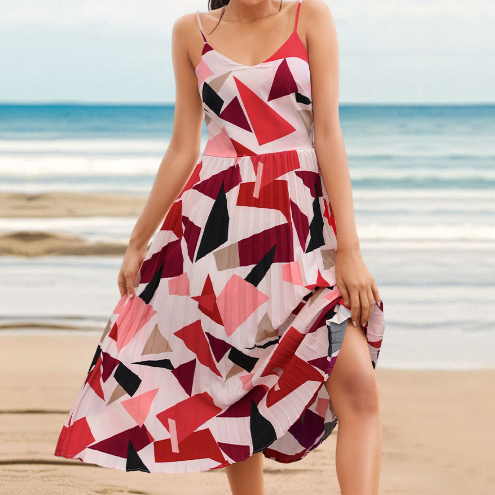 Robe Midi Femme Élégante Imprimé Géométrique Plissé - Belle-2