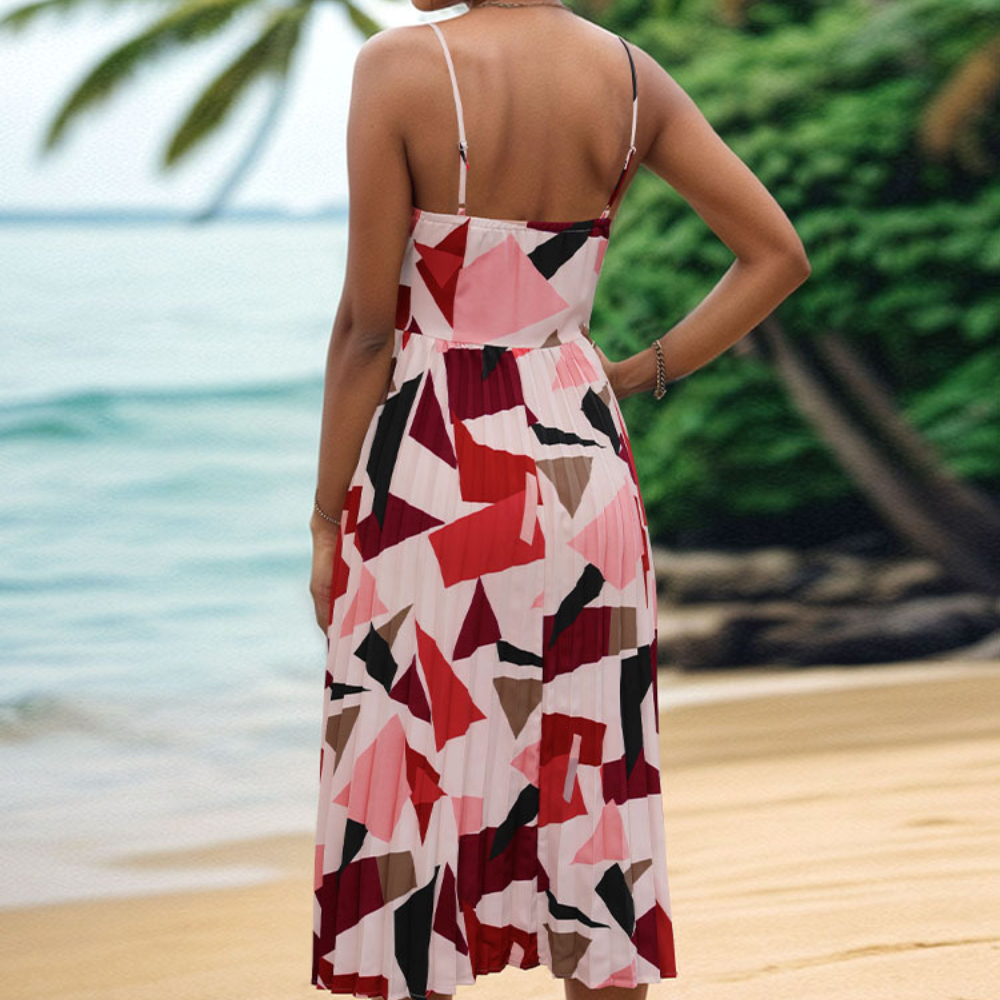 Robe Midi Femme Élégante Imprimé Géométrique Plissé - Belle-3