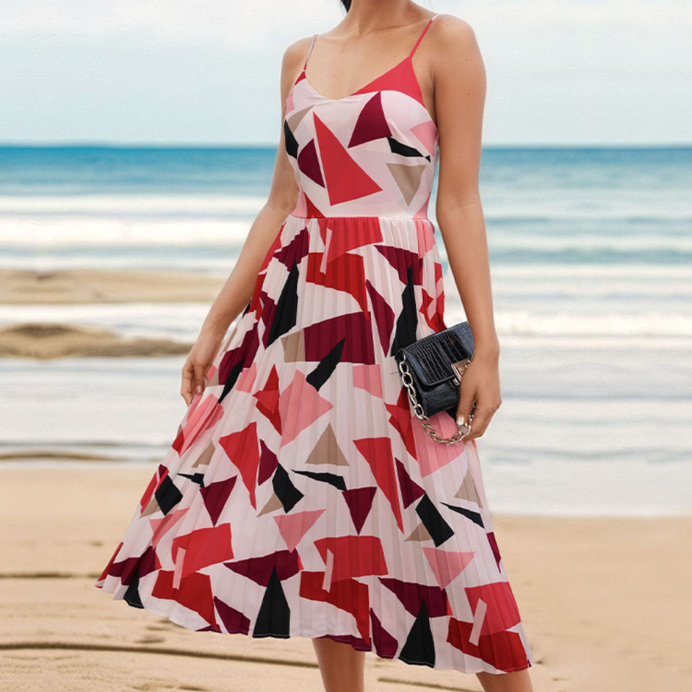 Robe Midi Femme Élégante Imprimé Géométrique Plissé - Belle-4