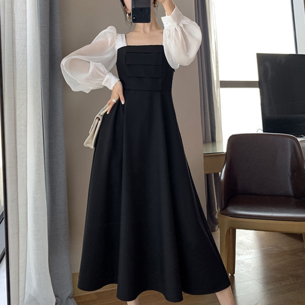 Robe Femme Élégante Bicolore à Manches Bouffantes - Lisa-4