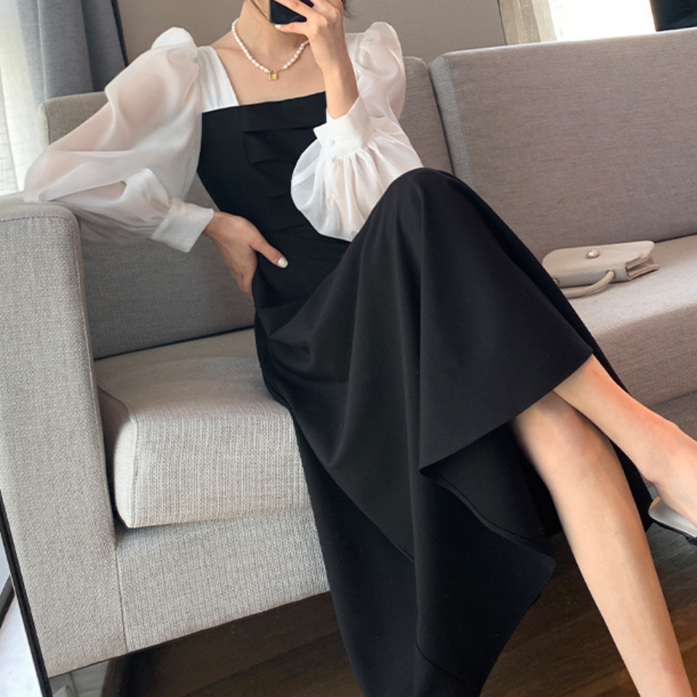 Robe Femme Élégante Bicolore à Manches Bouffantes - Lisa-2