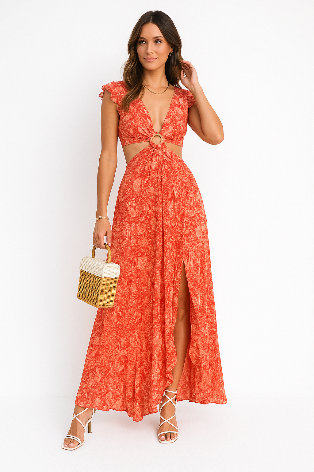 Robe Maxi Élégante à Imprimé Fleuri avec Col V et Dos Nu - Cristina