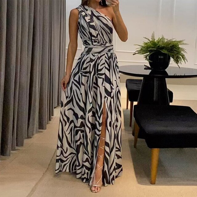 Variant image for Robe Longue Femme Imprimé Zèbre Asymétrique Fente Latérale - Élégance-1