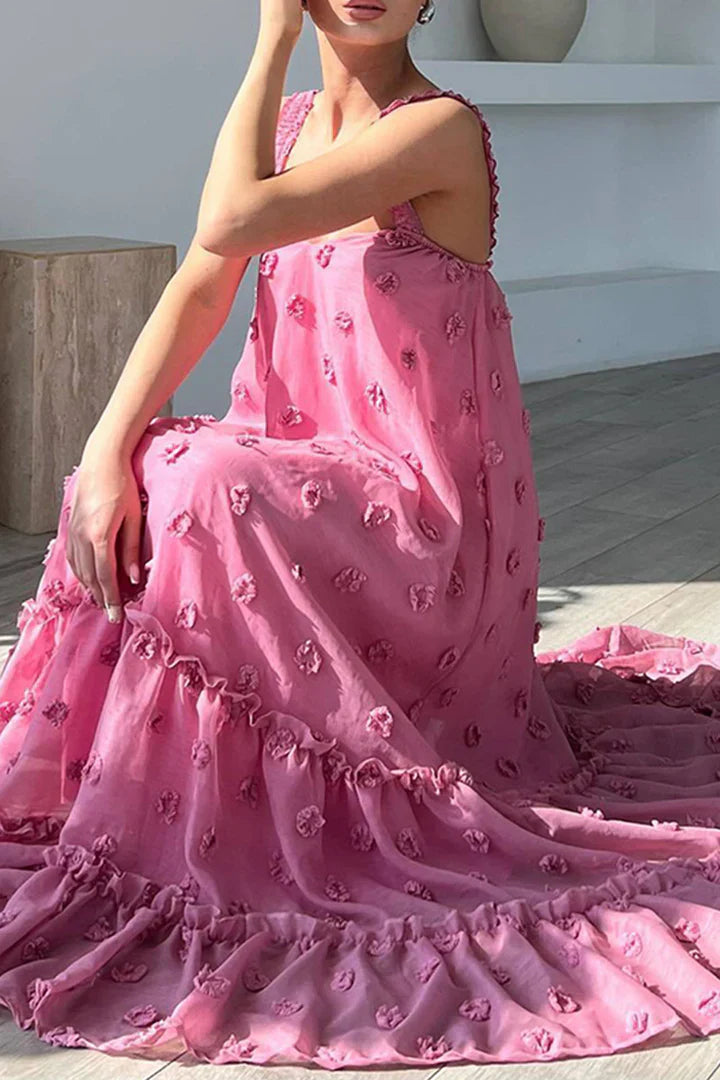 Robe Femme Longue Fleurie à Volants avec Ourlet Large - Pilar-3