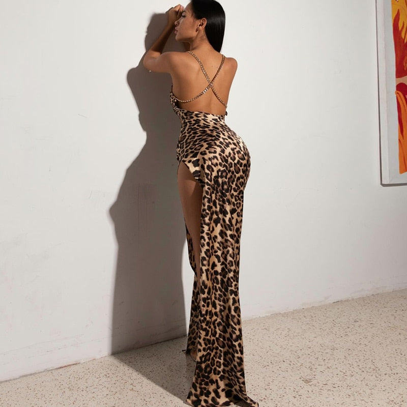 Robe de Soirée Femme Imprimé Léopard Fente Haute Bretelles en Chaîne Chic - Bianca-3