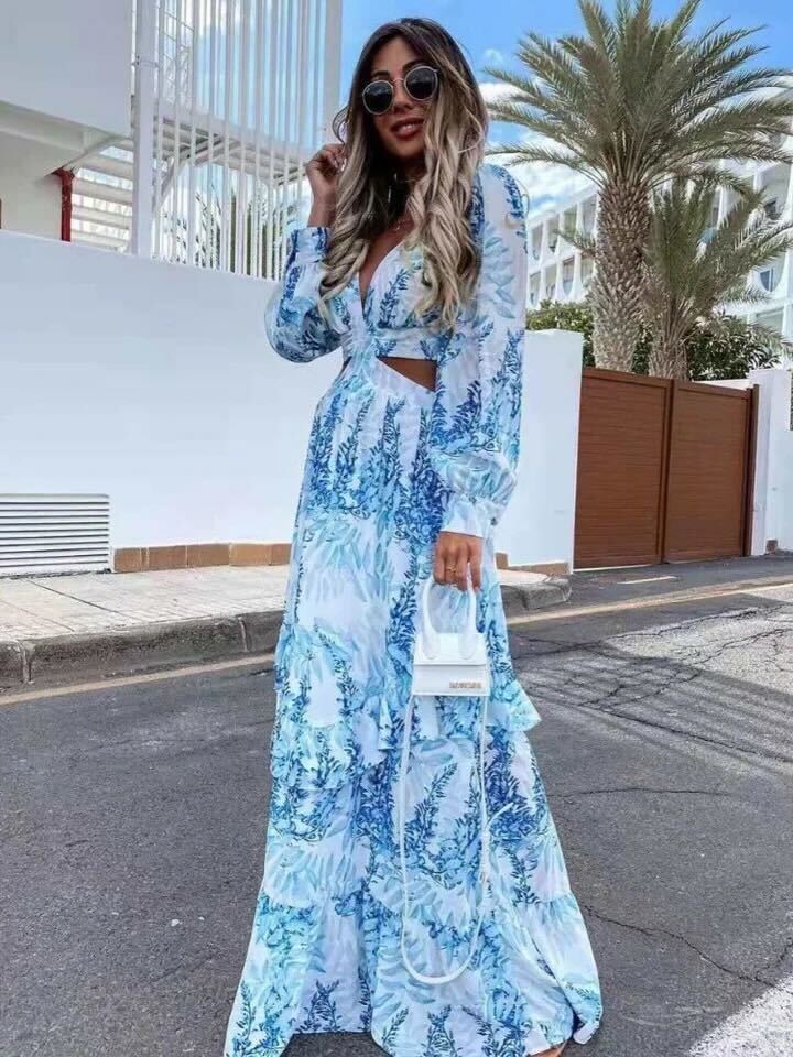 Variant image for Robe Longue Femme Élégante à Manches Longues Imprimée Col en V - Estefania-1