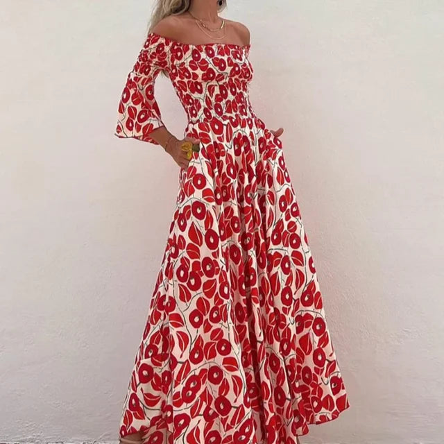 Variant image for Robe Midi Femme Épaules Dénudées Imprimé Rouge Élégante - Felicity-1