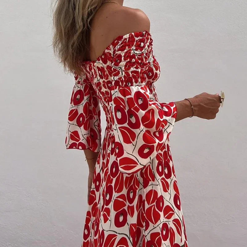 Robe Midi Femme Épaules Dénudées Imprimé Rouge Élégante - Felicity-4