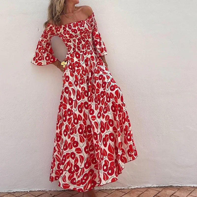 Robe Midi Femme Épaules Dénudées Imprimé Rouge Élégante - Felicity-2