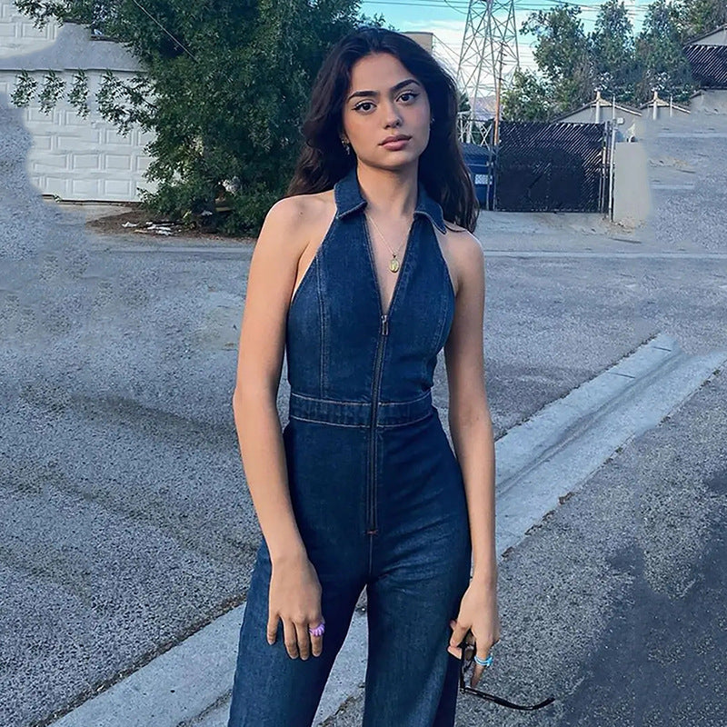 Combinaison Femme Chic Dos-Nu en Denim - Élégante et Confortable-3