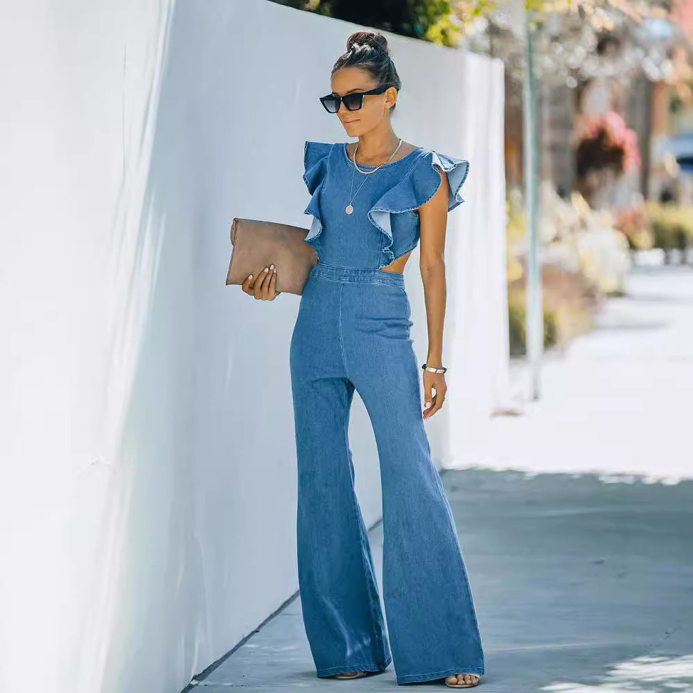Combinaison Femme Chic en Denim Manches Évasées - Élégance Moderne-2