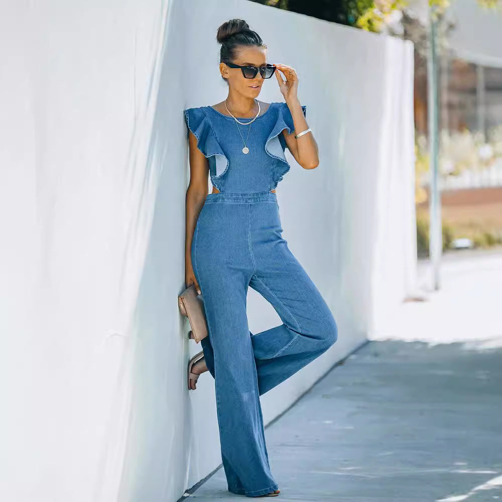 Variant image for Combinaison Femme Chic en Denim Manches Évasées - Élégance Moderne-1