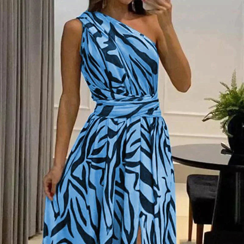 Robe Longue Femme Imprimé Zèbre Asymétrique Fente Latérale - Élégance-4