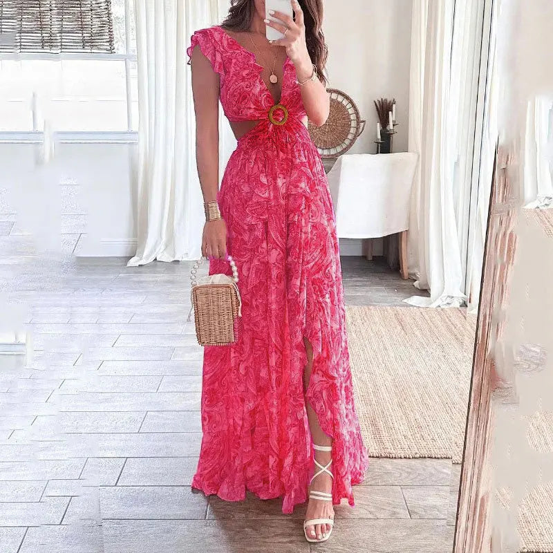 Variant image for Robe Femme Imprimée Florale Col en V Dos Nu Élégante - Cristina-13