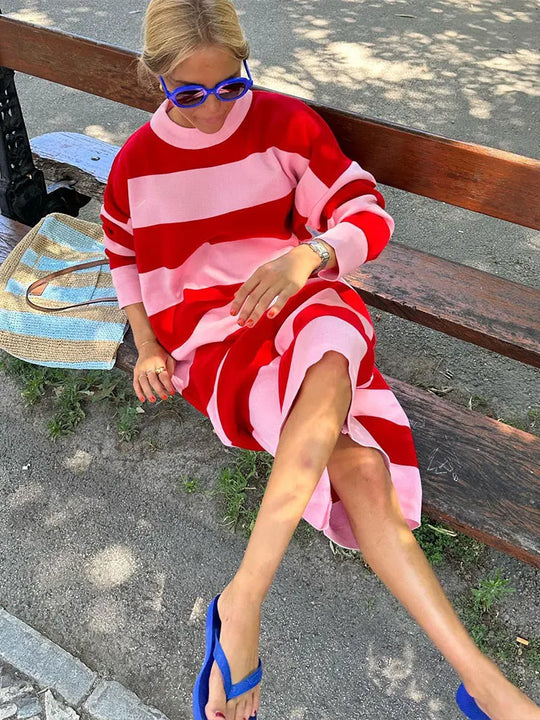 Robe Midi Femme Décontractée Rayée Élégante - Clara-2