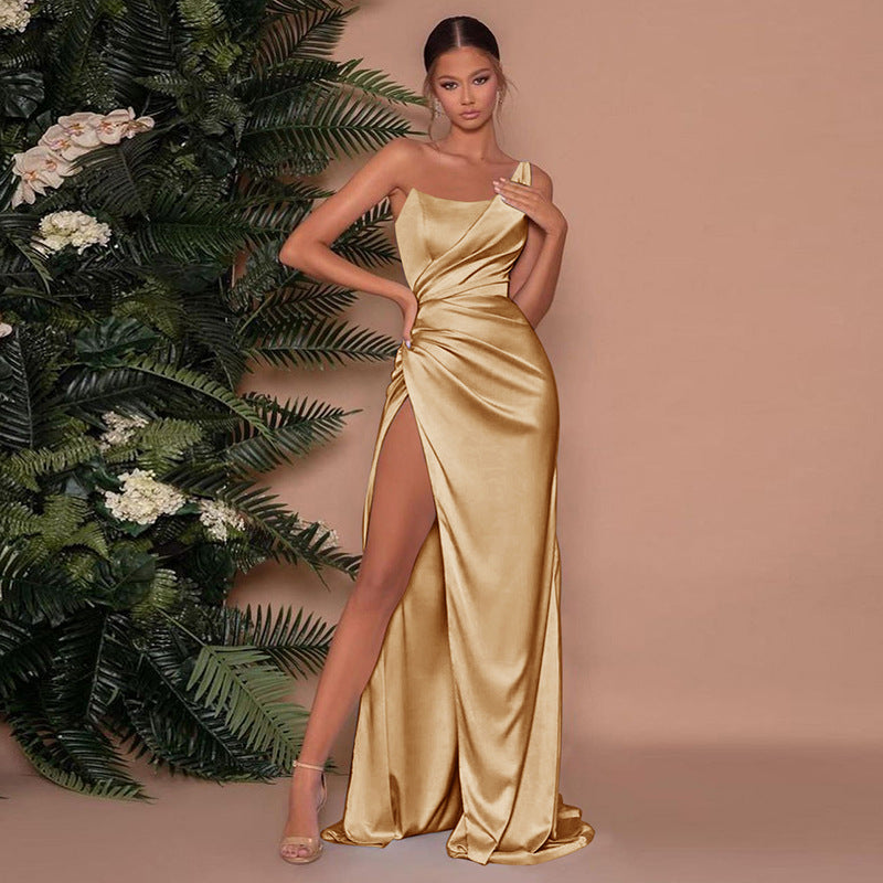 Robe Longue Femme Satinée Asymétrique avec Fente Haute - Aurélie-1