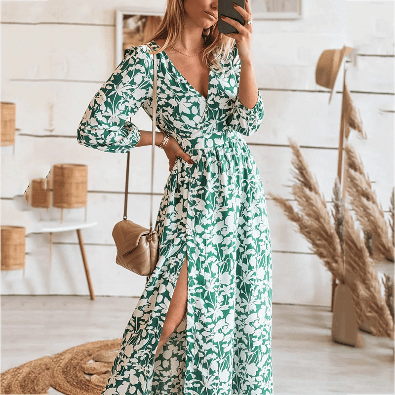 Variant image for Robe Longue Femme Imprimé Floral Chic Verte - Élégance Printanière-1