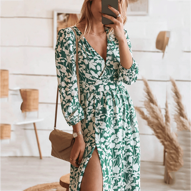 Robe Longue Femme Imprimé Floral Chic Verte - Élégance Printanière-2