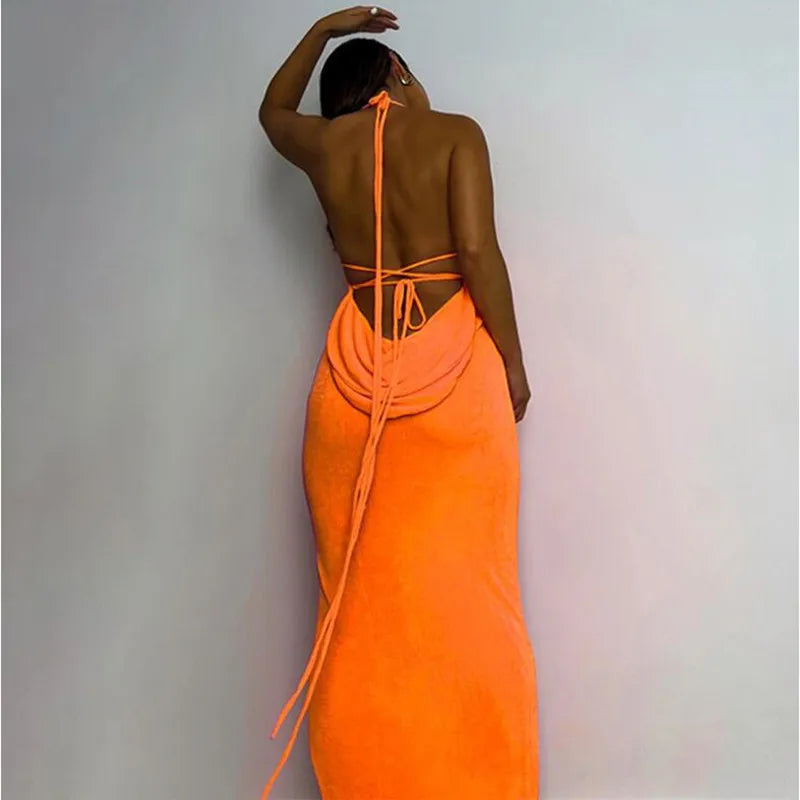 Robe Longue Femme Élégante Décolleté Bénitier Orange Éclatante - Elena-5