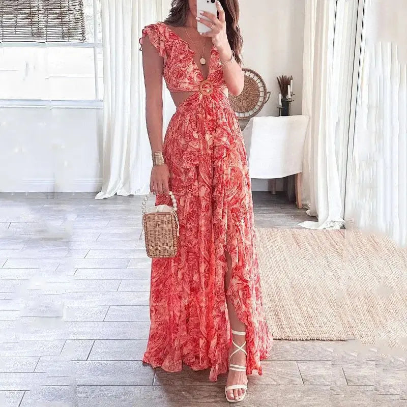 Variant image for Robe Femme Imprimée Florale Col en V Dos Nu Élégante - Cristina-1