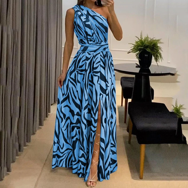 Variant image for Robe Longue Femme Imprimé Zèbre Asymétrique Fente Latérale - Élégance-5