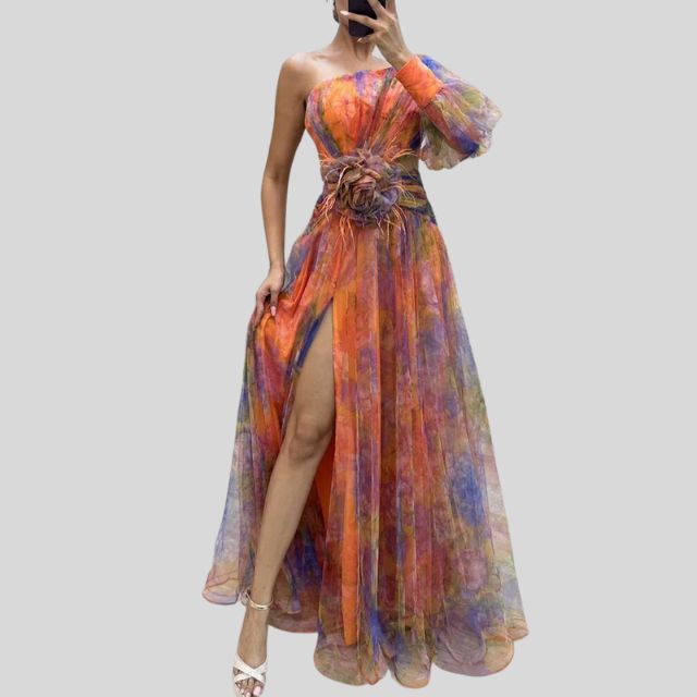 Robe de Soirée Longue Asymétrique Imprimé Floral Chic - Isabella-1