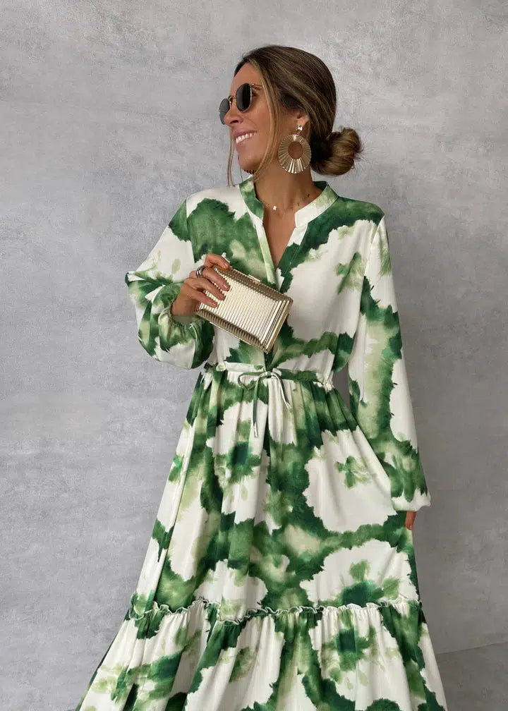 Robe Longue Femme Élégante à Manches Longues - Vert Éclatant - Clara-3
