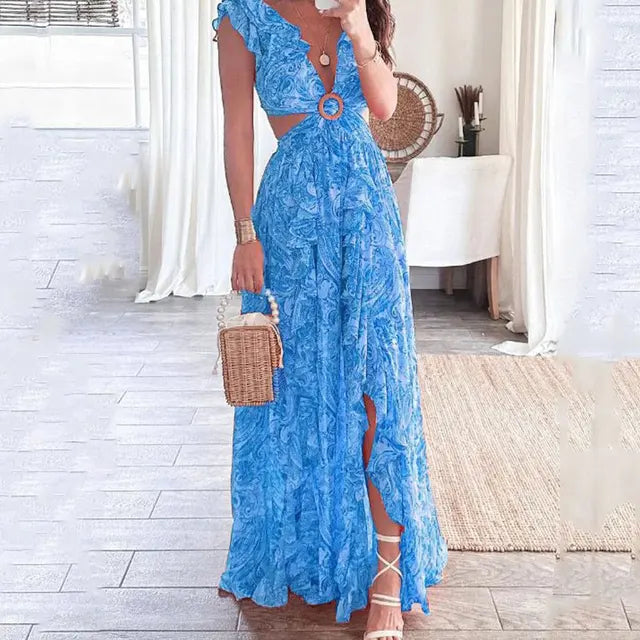 Variant image for Robe Femme Imprimée Florale Col en V Dos Nu Élégante - Cristina-7