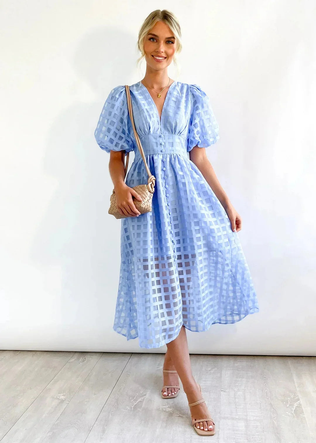 Variant image for Robe Midi Femme Élégante à Imprimé Carré et Manches Volantées - Nicole-25
