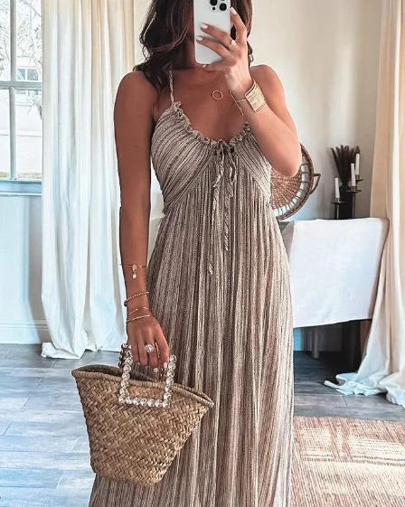 Robe Femme Plissée Sans Manches Imprimé Cravate Élégante - Camille-4