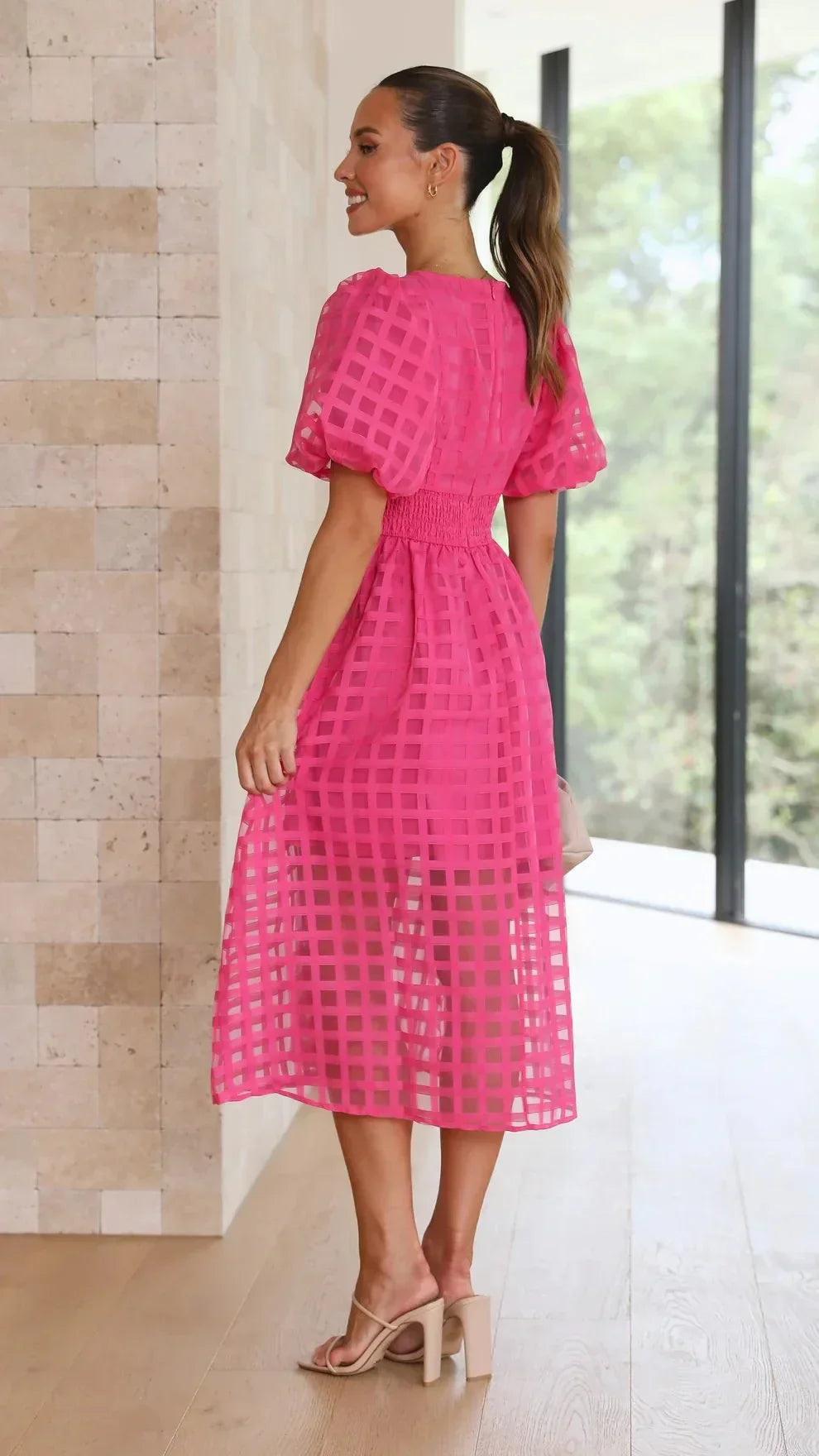 Robe Midi Femme Élégante à Imprimé Carré et Manches Volantées - Nicole-2