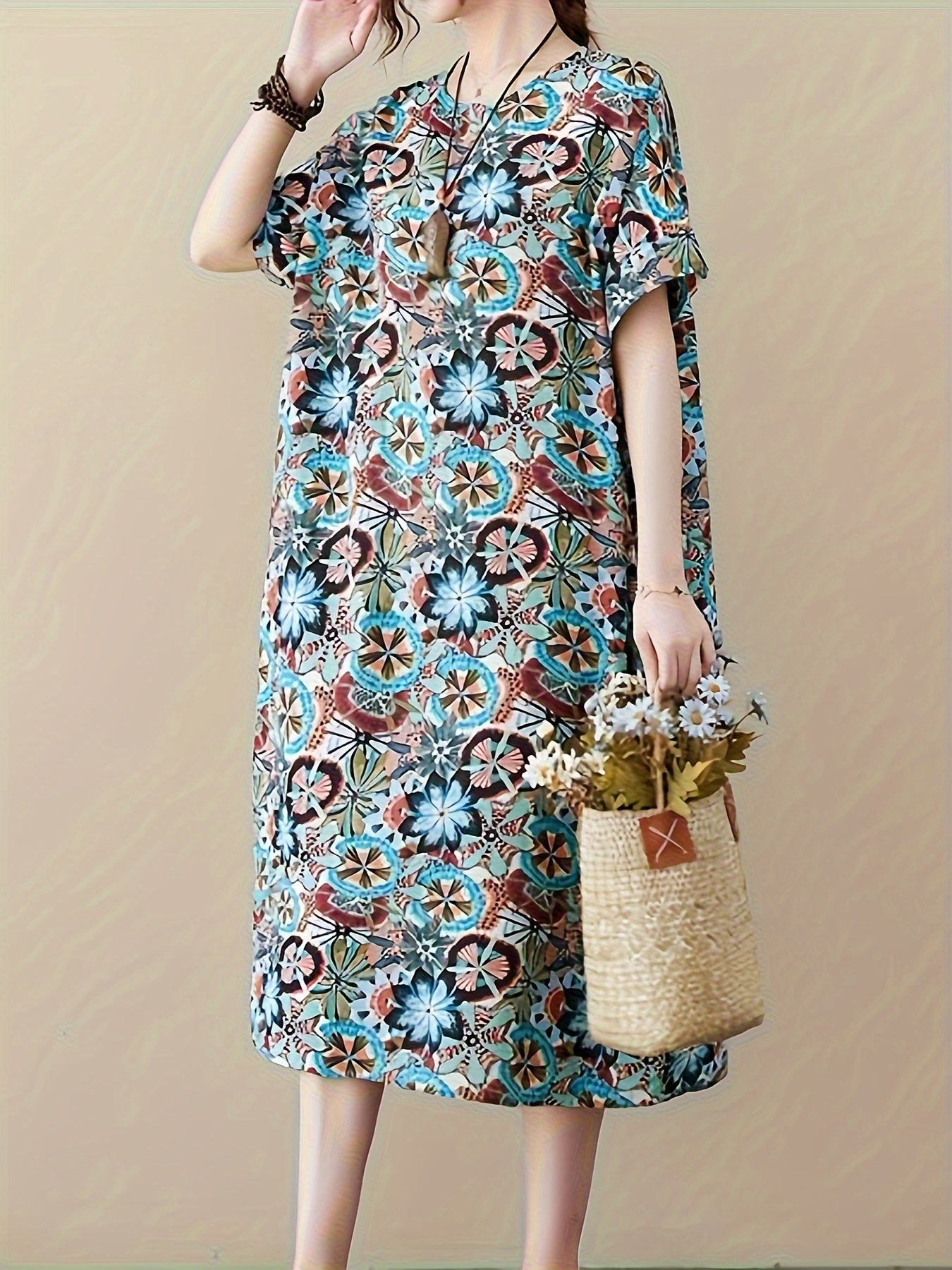 Robe Femme Longue en Lin Floral Boho-Chic Manches Courtes - Élégance Décontractée-2
