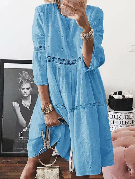 Robe Midi Femme Chic à Manches 3/4 en Tissu Ample - Ainhoa-2