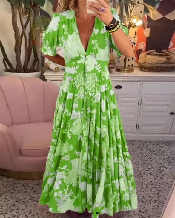 Robe Longue Femme Décolleté en V Pratique avec Poche - Élégance Été-2