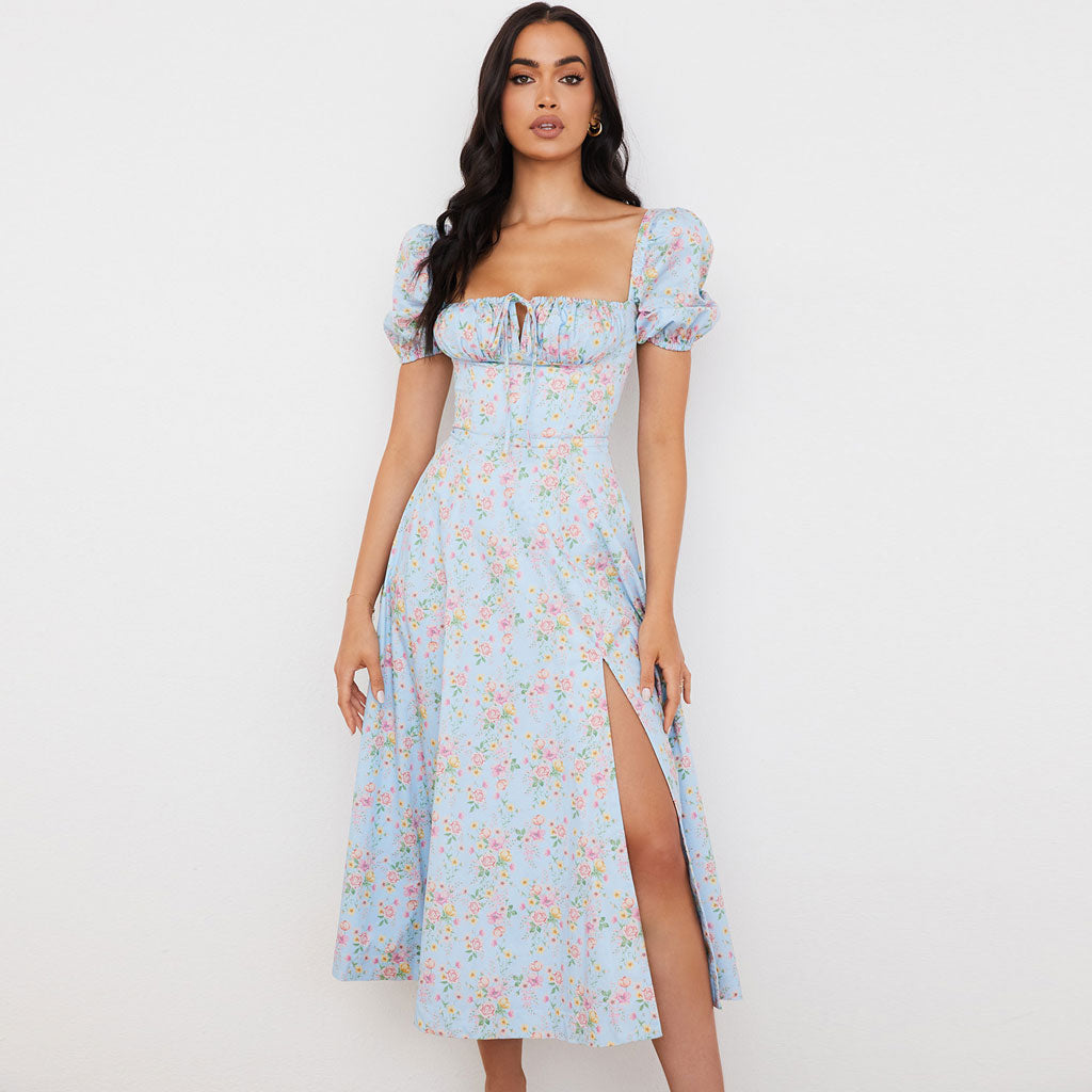 Robe d'Été Longue Chic à Imprimé Floral et Manches Bouffantes - Sophia-2