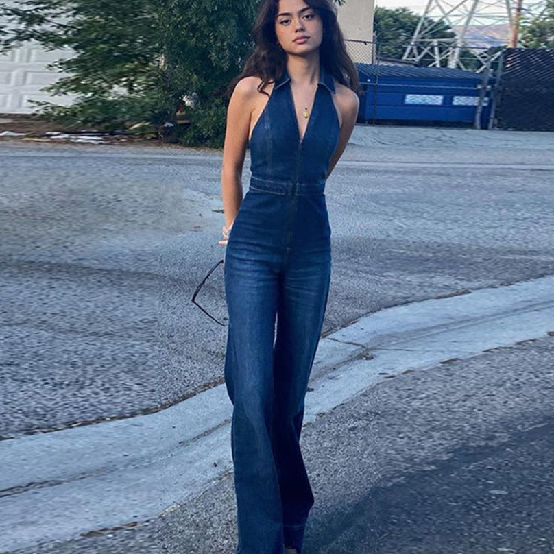 Combinaison Femme Chic Dos-Nu en Denim - Élégante et Confortable-5