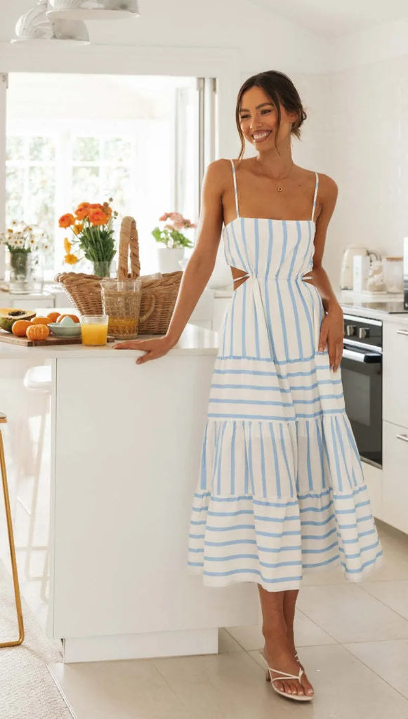 Superbe robe rayée à bretelles creuses et plissée pour femmes - Melissa