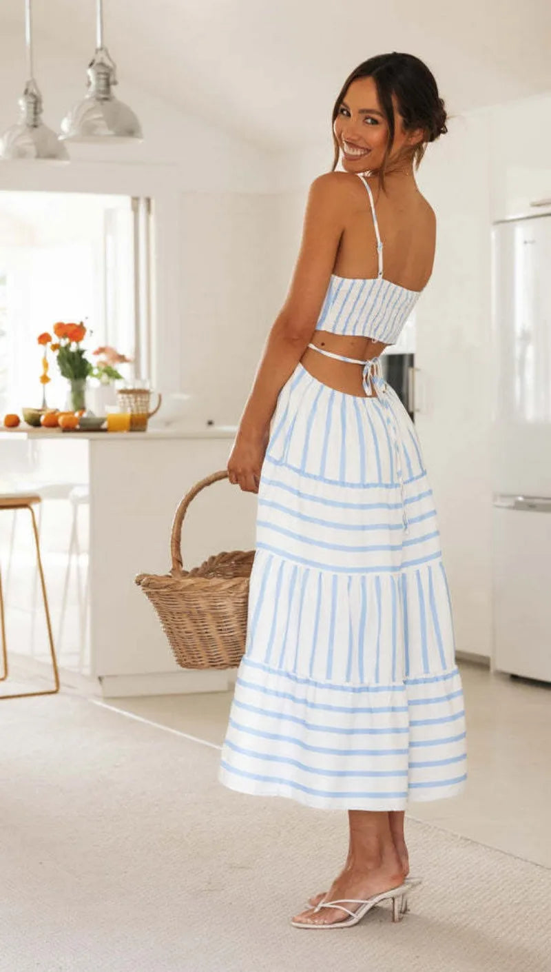 Superbe robe rayée à bretelles creuses et plissée pour femmes - Melissa