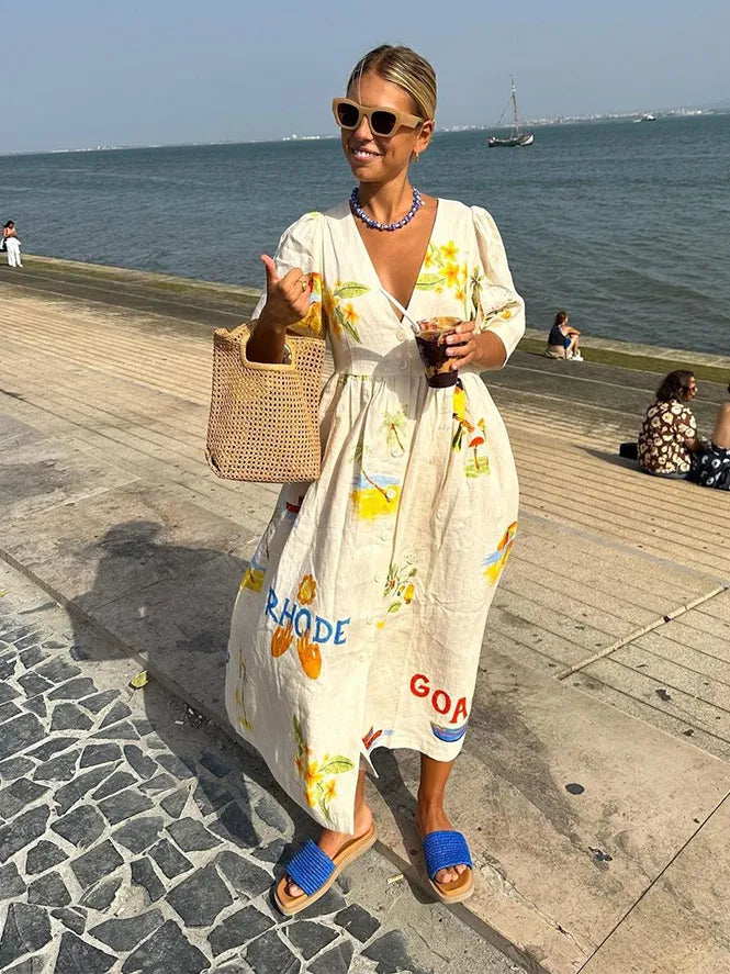 Variant image for Robe Midi Femme Imprimée Chic en Lin - Élégante Valentina-1