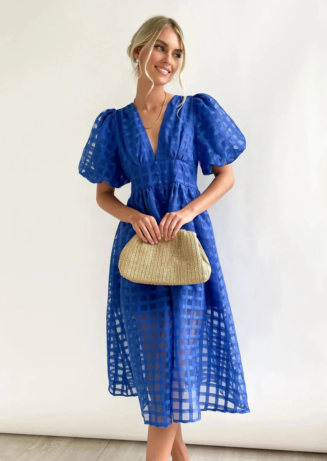 Variant image for Robe Midi Femme Élégante à Imprimé Carré et Manches Volantées - Nicole-13