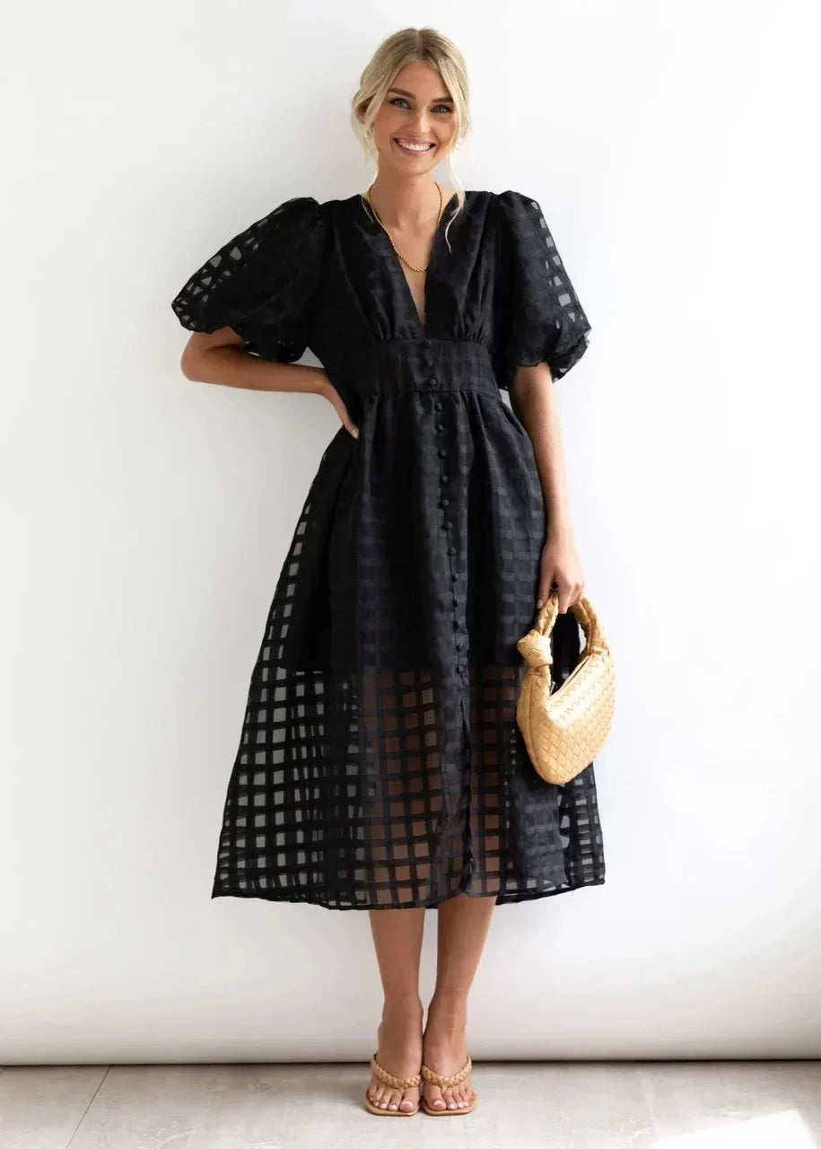 Variant image for Robe Midi Femme Élégante à Imprimé Carré et Manches Volantées - Nicole-5