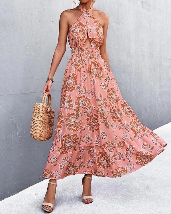 Variant image for Robe Femme Imprimée Longue Élégante Décolleté Dos-Nu - Rose-13