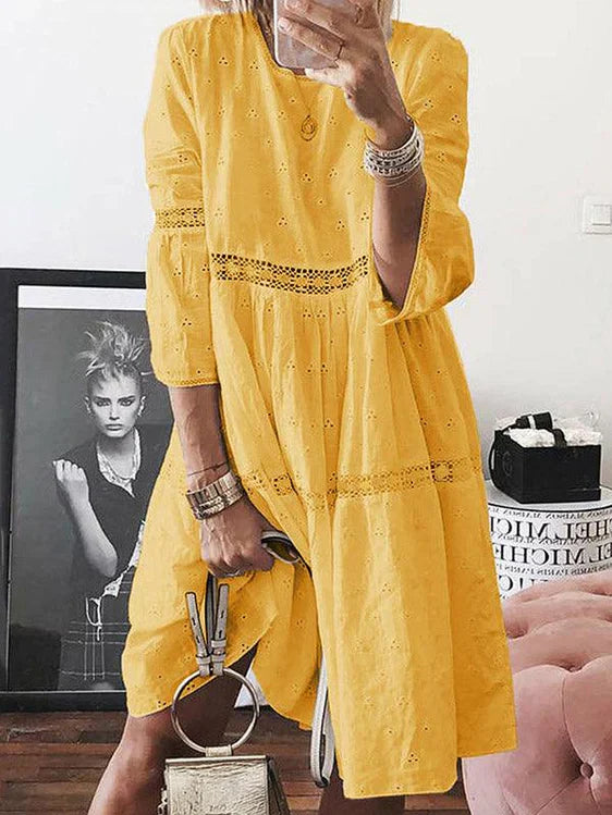 Robe Midi Femme Chic à Manches 3/4 en Tissu Ample - Ainhoa-1